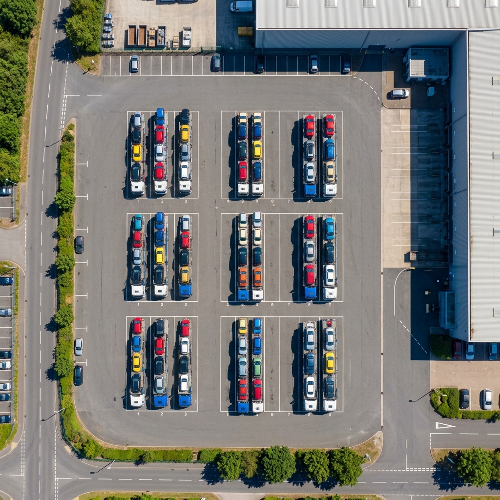 Widok z góry na parking z 9 załadowanymi autotransporterami