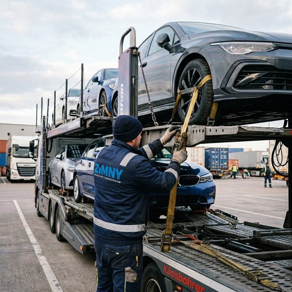 Kierowca z logiem firmy przygotowujący załadowane auto do transportu zapinając pasy na kołach
